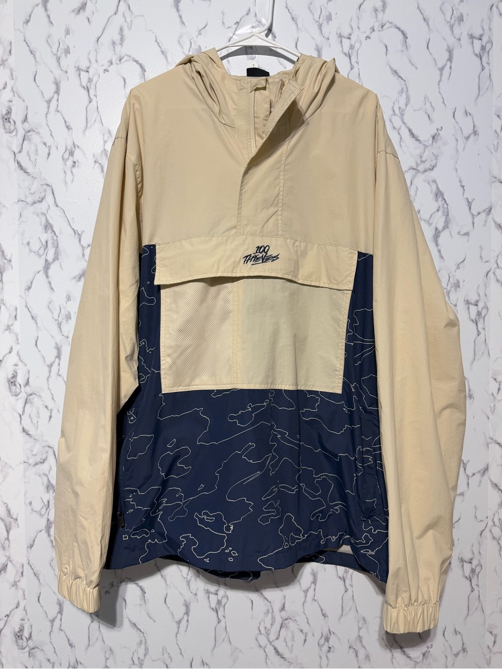100 Thieves NWT Bone & Navy Geoprint Anorak Windbreaker Jacket - 2XL